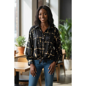 New Collection Black Gold Oversized Blouse Dolman Sleeve Button Front One Size